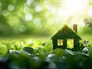 Naklejka premium Sustainable development and renewable resource. Green house made of grass surrounded by leaves in a sunny atmosphere.