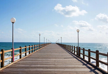 Fototapeta premium Anime Seaside Boardwalk: An empty boardwalk along the ocean, waves crashing softly below as seagulls circle above.