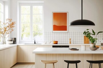 Modern Kitchen Interior, Featuring Open Space Design and Stylish Furniture, Natural Lighting and Artistic Accents, Bright