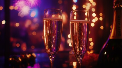 Three glasses of champagne with a sparkler in the background. Champagne and champagne at the 2024 celebration. Fireworks sparkle in the dark gold. 