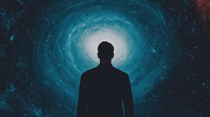 Man silhouetted against swirling galaxy, feeling wonder and awe journey into unknown