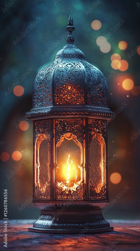 Poster a stunning lantern radiates warm light, casting intricate shadows as it stands amidst a backdrop of 