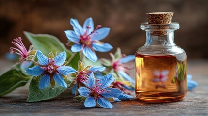 Blue flower oil, rustic wood, herbal remedy, aromatherapy