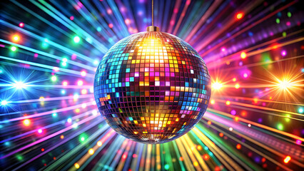 Obraz premium Disco Ball Spectacle: A vibrant disco ball reflects a kaleidoscope of dazzling lights, creating a mesmerizing display of color and energy.