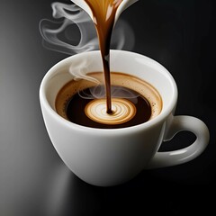 Pouring Hot Coffee into a White Cup with Steam