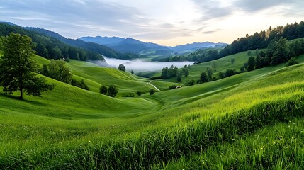 Fototapeta premium Serene morning landscape lush green hills nature photography tranquil environment wide angle view