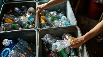 Sorting and disposing of plastic bottles in recycling containers for a better world