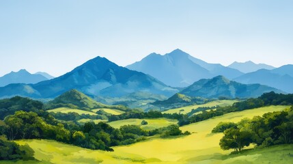 Obraz premium A serene landscape featuring rolling hills and majestic mountains under a clear blue sky, showcasing lush greenery and a peaceful atmosphere.
