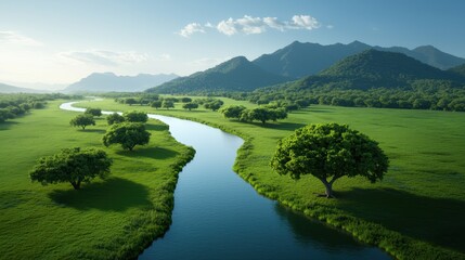 Fototapeta premium A serene landscape featuring a winding river, lush greenery, and distant mountains under a clear blue sky.