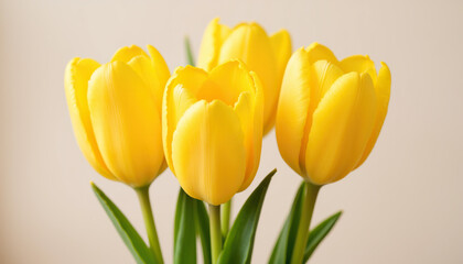Naklejka premium Yellow tulips in a vase against a neutral background