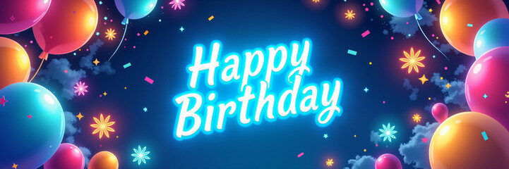 Birthday card with a blue background, colorful balloons, and confetti, featuring a playful and festive style.