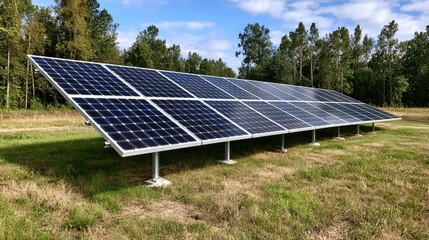 Solar panels in field, energy production, renewable resource, sunny day