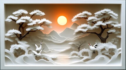 Serene Papercut Landscape With Cranes At Sunset