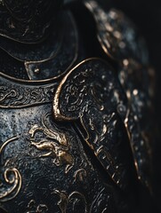 Close-up of black and gold armor