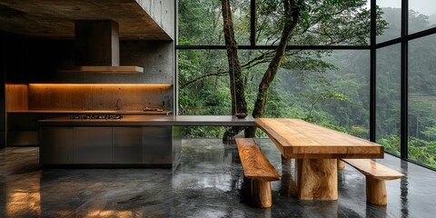 Obraz premium Serene modern kitchen, rain forest view calming atmosphere