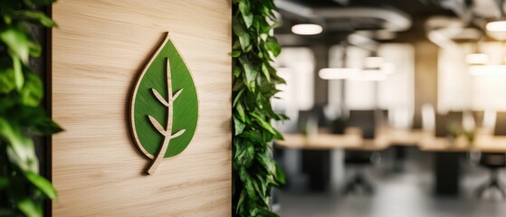 Sustainable development and renewable resource. Green leaf logo on wooden wall with office background.