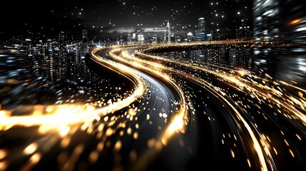 Serene night cityscape glowing trails of light wind through urban landscape, evoking sense of calm amidst bustling city