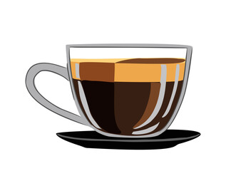A cup of coffee is sitting on a saucer. The coffee is dark and has a rich aroma. The cup is made of clear glass, which allows the color of the coffee to be seen through the cup. The saucer is black