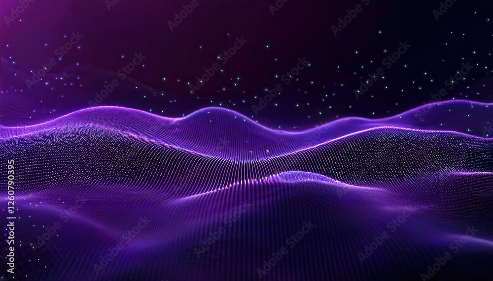 Poster purple digital wave landscape with glowing particle mesh on dark background, perfect for futuristic 