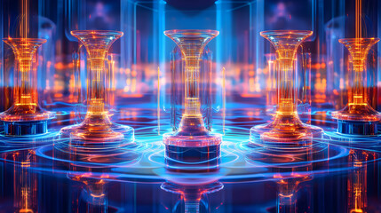 Abstract Digital Structures with Glowing Orange and Blue Light Effect