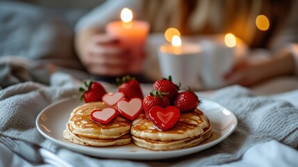Romantic breakfast in bed with pancakes, strawberries and candle lights