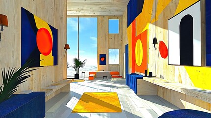 Mid-century modern interior design inspiration bright living room artistic decor coastal views vibrant colors