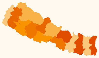 Map of Nepal with regions. Just a simple country border map with region division. Orange color palette. Blank Nepal shape with administrative division. Vector illustration.