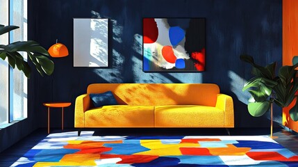 Bright mid-century modern interior design cozy living room vibrant colors sunlit space artistic viewpoint