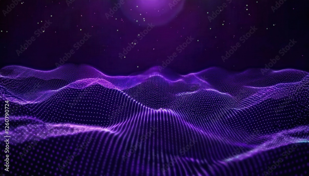 Poster purple digital wave landscape with glowing particle mesh on dark background, perfect for futuristic 