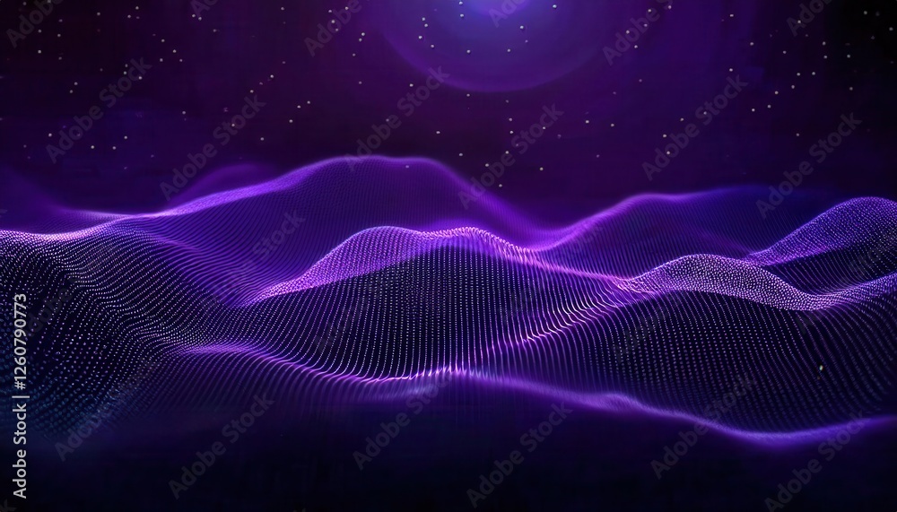 Poster purple digital wave landscape with glowing particle mesh on dark background, perfect for futuristic 