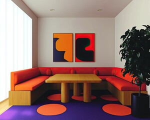Vibrant mid-century modern interior design cozy living room artful decor minimalist environment artistic viewpoint