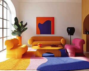 Vibrant living room transformation urban loft mid-century modern interior colorful atmosphere contemporary design