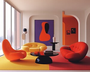Vibrant seating arrangement modern interior mid-century modern style bright environment artistic viewpoint