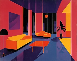 Vibrant mid-century modern interior living room urban setting digital art colorful design contemporary viewpoint