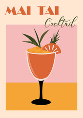 Mai Tai cocktail retro style poster with exotic red pink alcohol drink in glass garnished with orange wheel and green leaves. Colorful flat vector illustration
