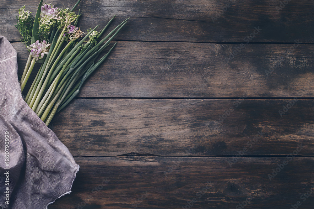 Fototapete rustic wooden background with fresh green onions and a napkin, top-down view with space for text