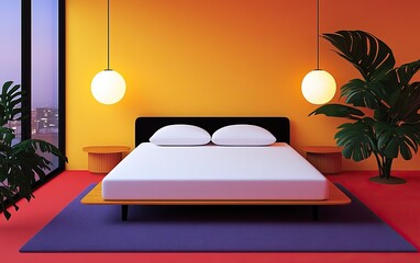 Mid-century modern interior bedroom design urban apartment visual art vibrant colors wide angle contemporary aesthetic