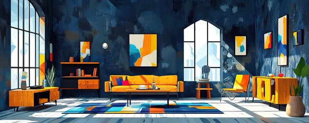 Mid-century modern interior design showcase bright and colorful living room artistic atmosphere contemporary style