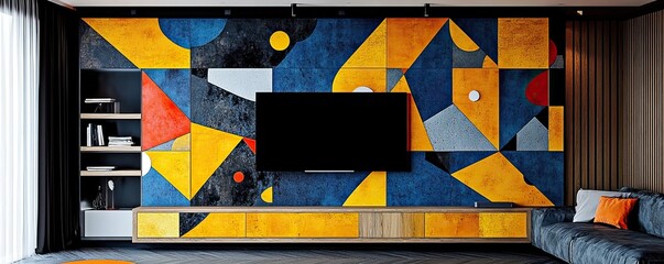 Vibrant mid-century modern interior design contemporary living room bold colors urban environment artistic viewpoint