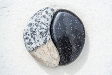 Fototapeta premium Yin yang symbol made of two contrasting stones creating harmony and balance on white sand