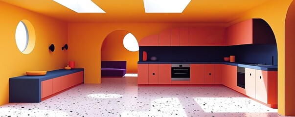 Vibrant kitchen transformation mid-century modern interior urban apartment contemporary design open space bold colors