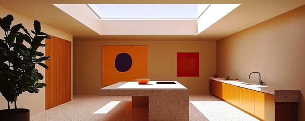 Stylish mid-century modern kitchen interior bright open space contemporary design cozy atmosphere unique aesthetics