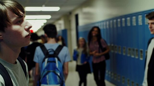 School bullying montage in slow motion depicts a male student being intimidated by another student in a school hallway with lockers and other students walking in the background