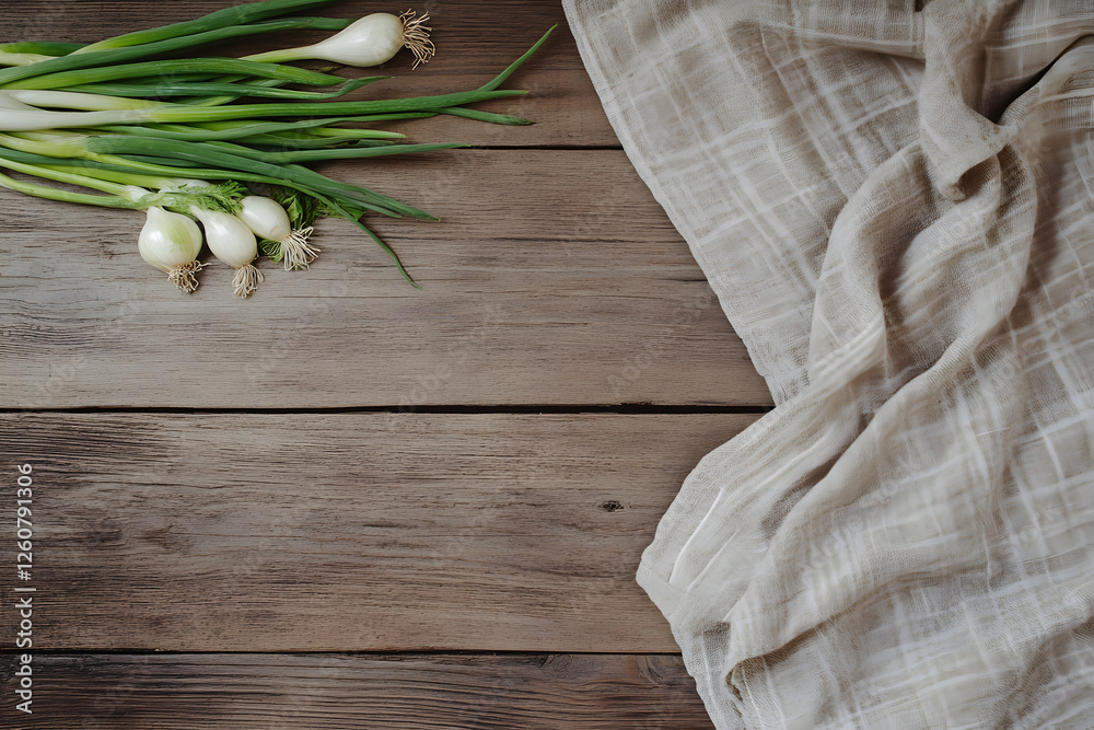 Fototapete rustic wooden background with fresh green onions and a napkin, top-down view with space for text