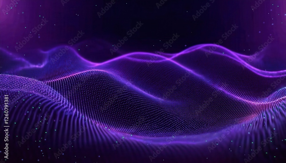 Poster purple digital wave landscape with glowing particle mesh on dark background, perfect for futuristic 