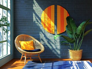 Dynamic mid-century modern interior design in a sunlit room emphasizing color and texture