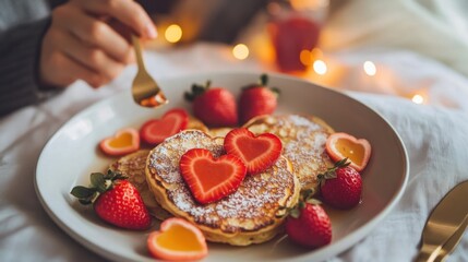 Heart-Shaped Strawberry Pancakes with Golden Syrup for a Romantic Brunch