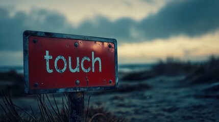 A weathered red sign with the word 'touch' in white letters stands against a moody, overcast sky on a deserted beach, evoking feelings of solitude and introspection during an approaching storm.