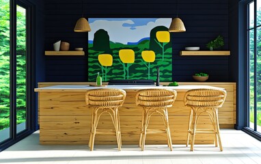 Mid-century modern interior kitchen design cozy space vibrant artwork contemporary view nature-inspired concept