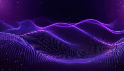 Fototapeta premium purple digital wave landscape with glowing particle mesh on dark background, perfect for futuristic designs or technology visuals